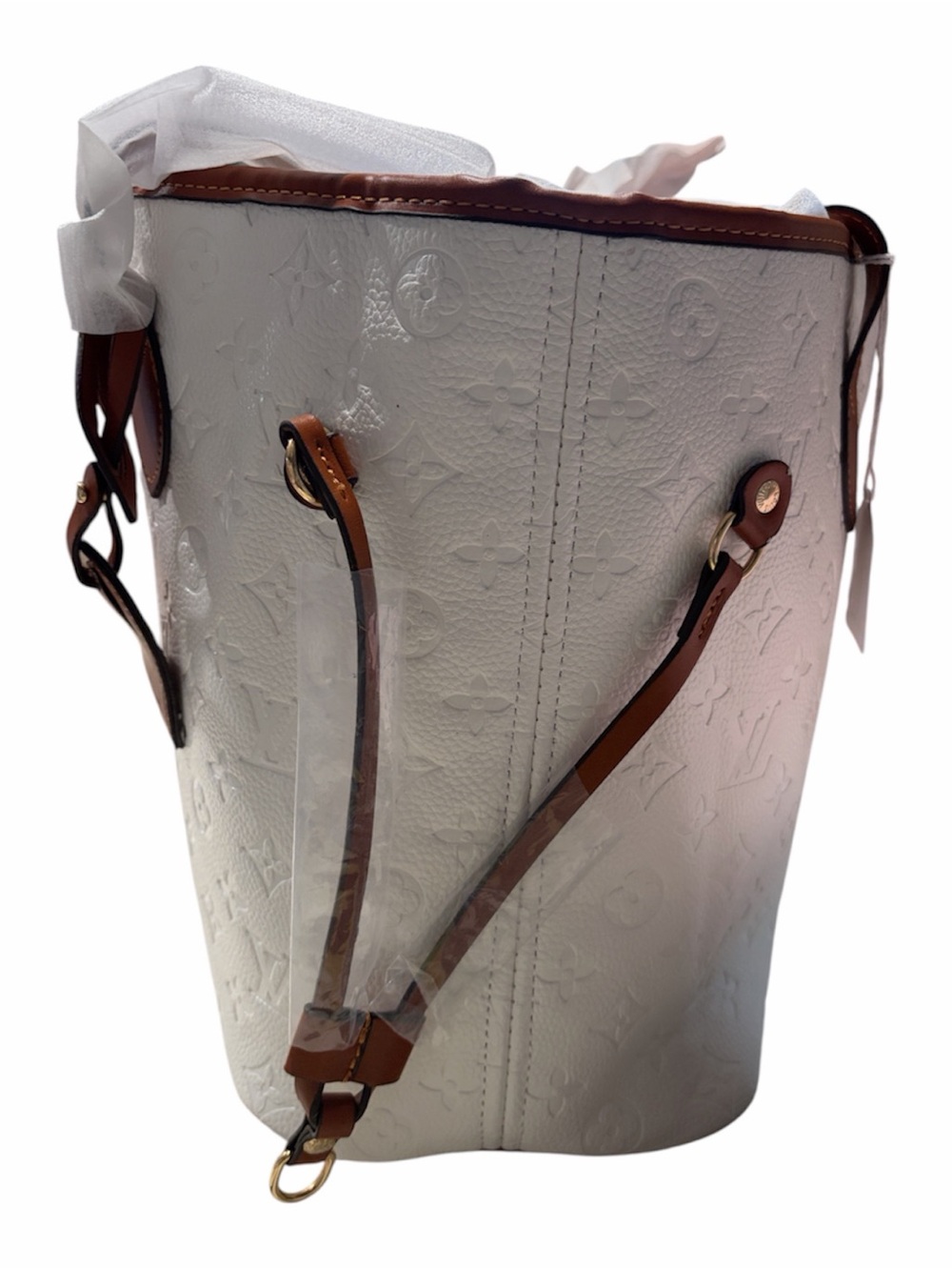 White Embossed Monogram fashion Tote with Brown Leather Trim - Picture 2 of 3